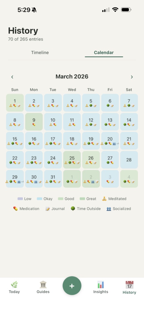 History: mood calendar with color-coded days