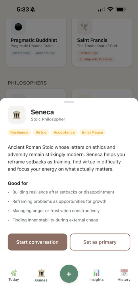 Guide detail: Seneca's profile with specialties and conversation starter