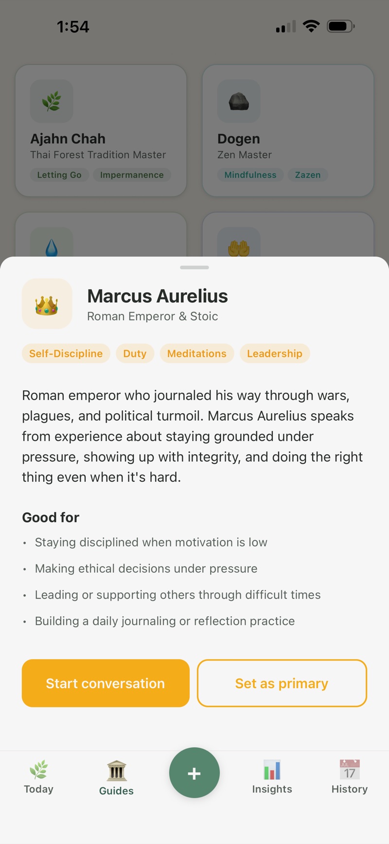 Satoru guide screen: the Marcus Aurelius guide, a Roman emperor and Stoic, and the kinds of moments he is suited to think through