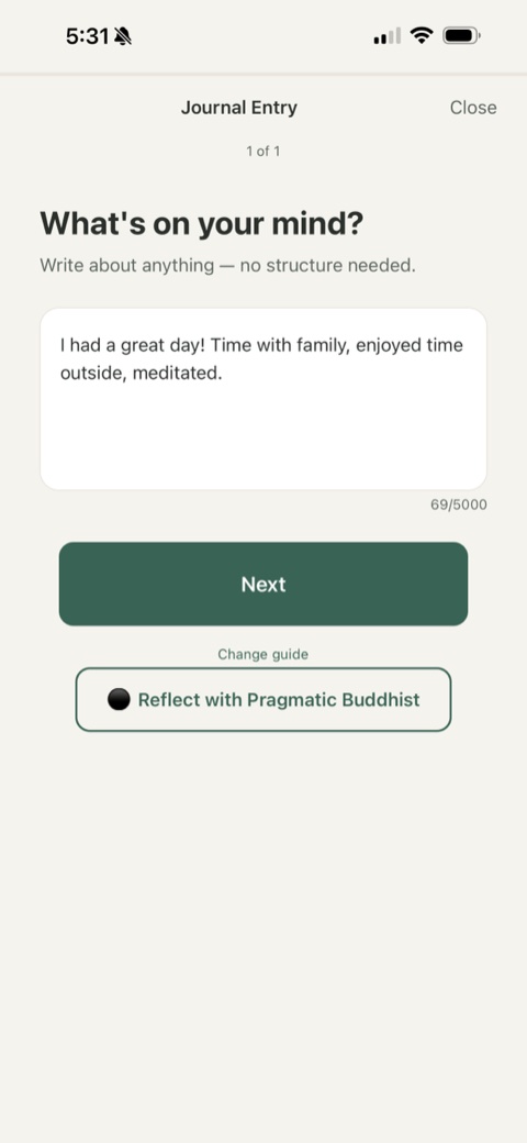 Journal entry: free-form writing with guide reflection