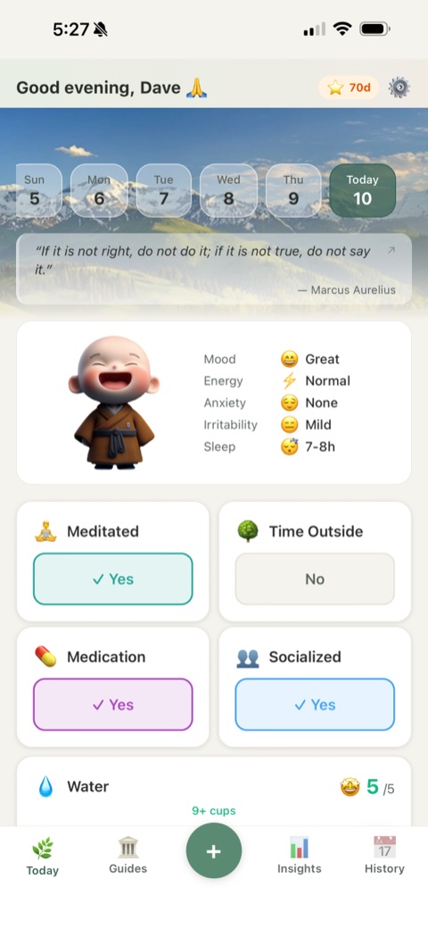 Today screen: mood check-in with sliders and toggles
