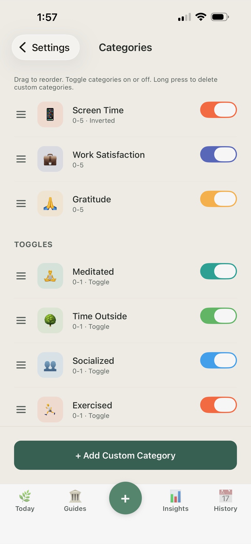 Satoru categories screen: add your own trackers as a 0 to 5 count or a yes/no toggle, and drag to reorder