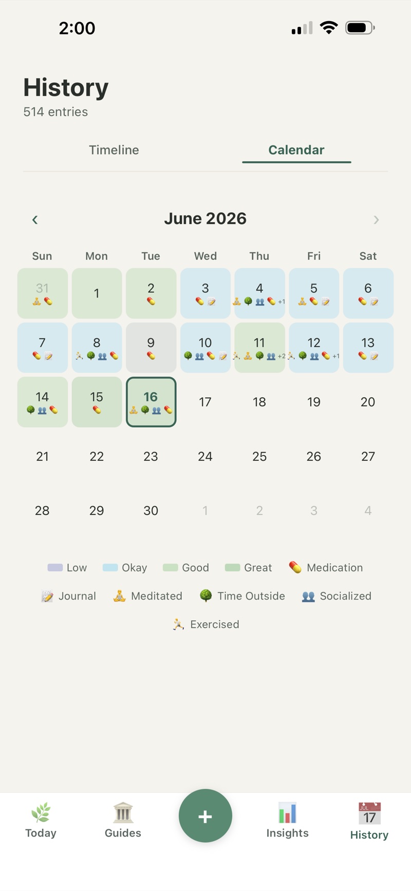 Satoru History screen: a month of days, each color-coded by that day's mood, with small icons for what was tracked